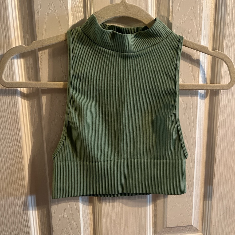 Princess Polly Green Ribbed Mock Neck Top